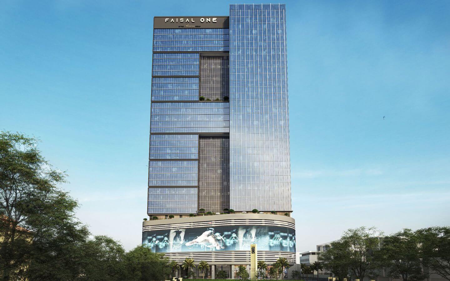 Modern exterior elevation of Faisal One Metropole Near Shahra-e-Faisal Karachi, showcasing sleek corporate office architecture by Riveria Group for MaxX Capitals Real Estate Experts.