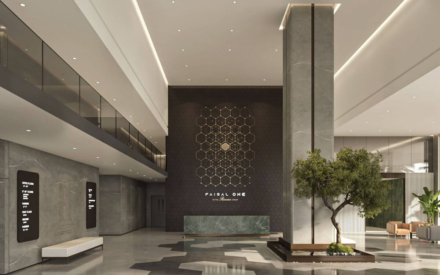 Luxurious reception lounge at Faisal One Metropole Near Shahra-e-Faisal Karachi, featuring contemporary design and welcoming ambiance for corporate offices listed by MaxX Capitals Real Estate Experts.