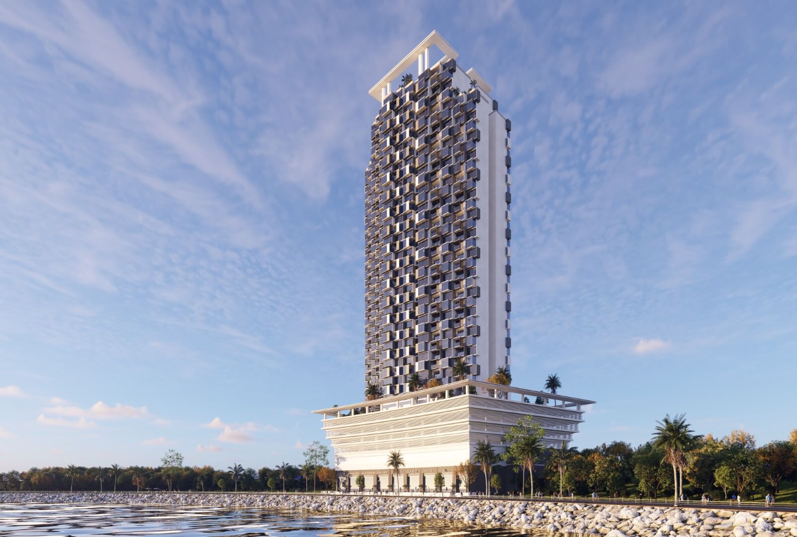 Exterior of Saima Marina Residence, a luxury residential tower in DHA Phase 8, Karachi