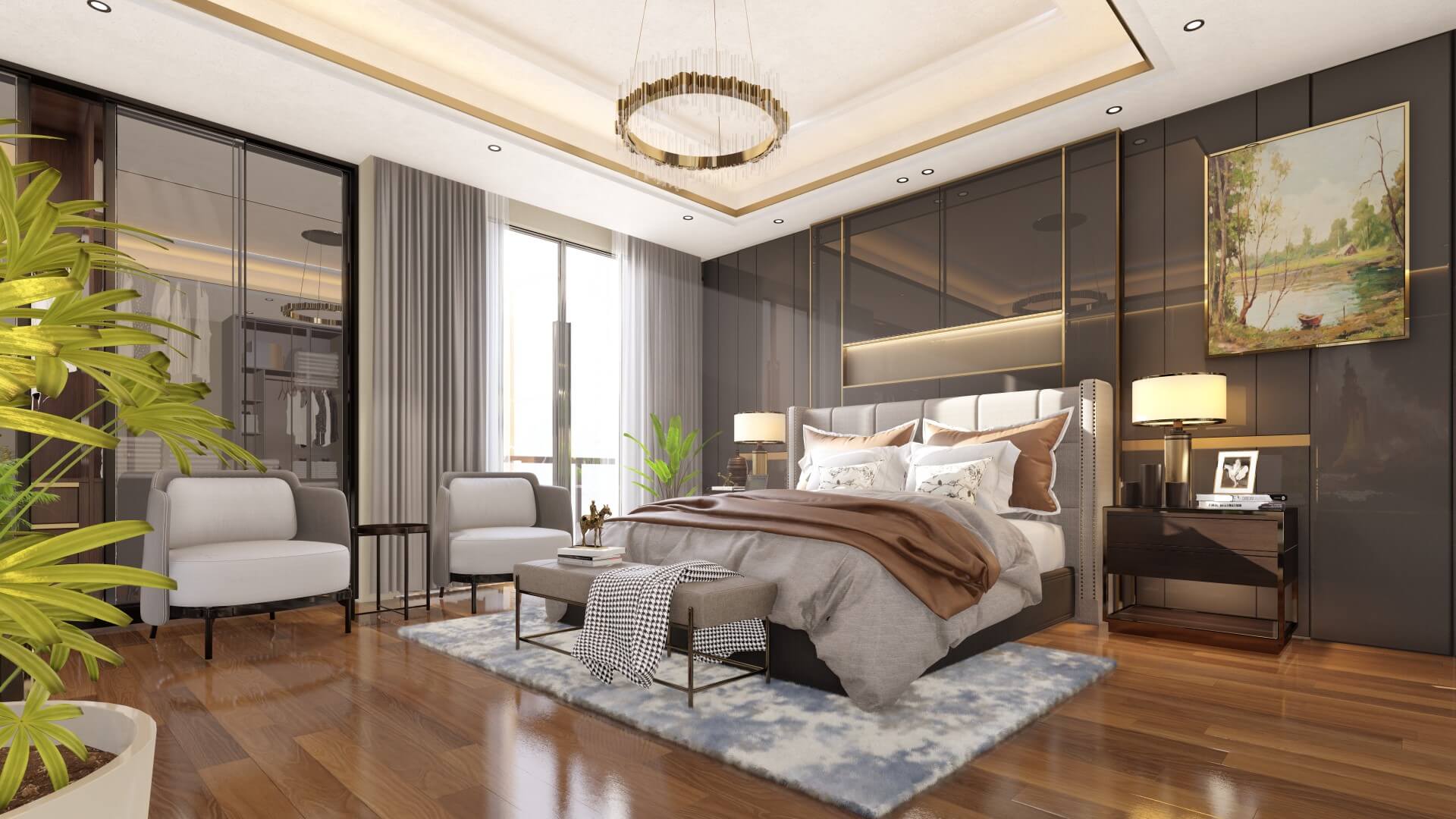 Luxury bedroom with cozy furnishings in Saima Marina Residence, DHA Phase 8, Karachi