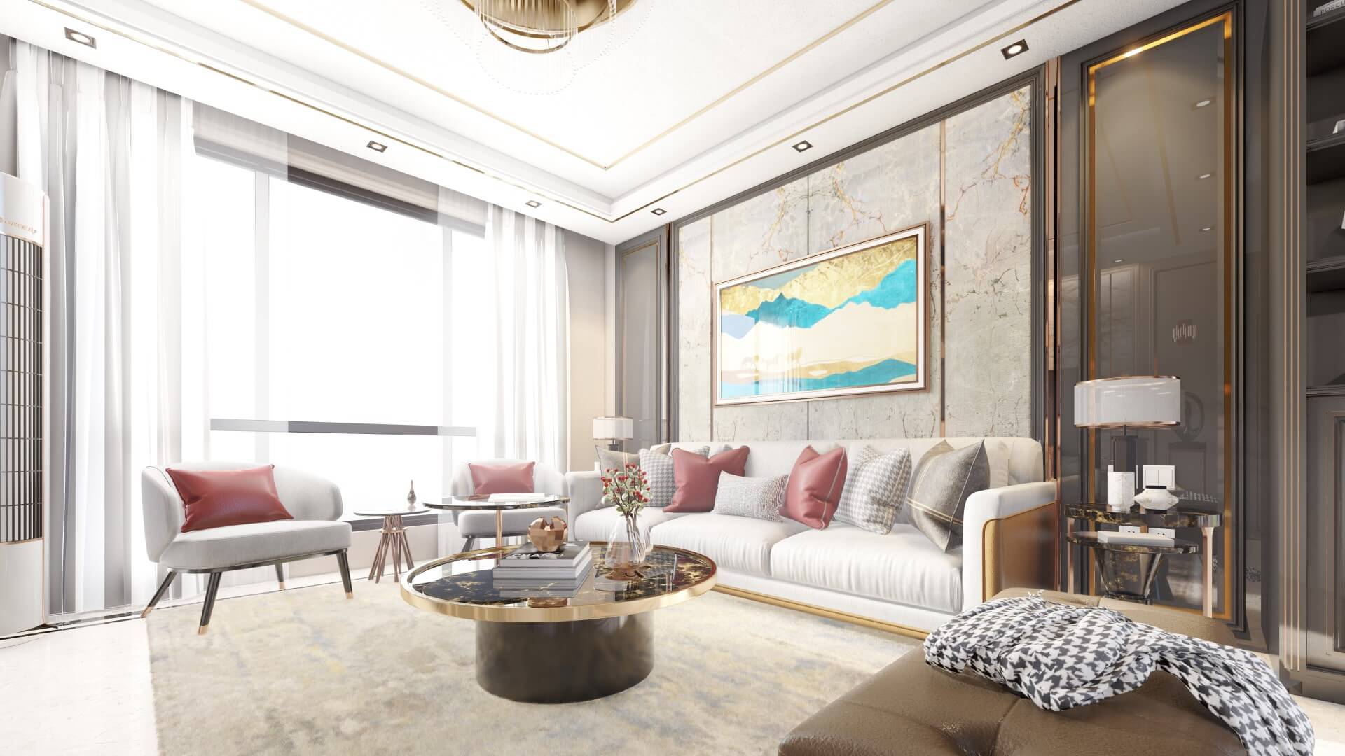 Spacious drawing room with modern decor in Saima Marina Residence apartment, DHA Phase 8, Karachi