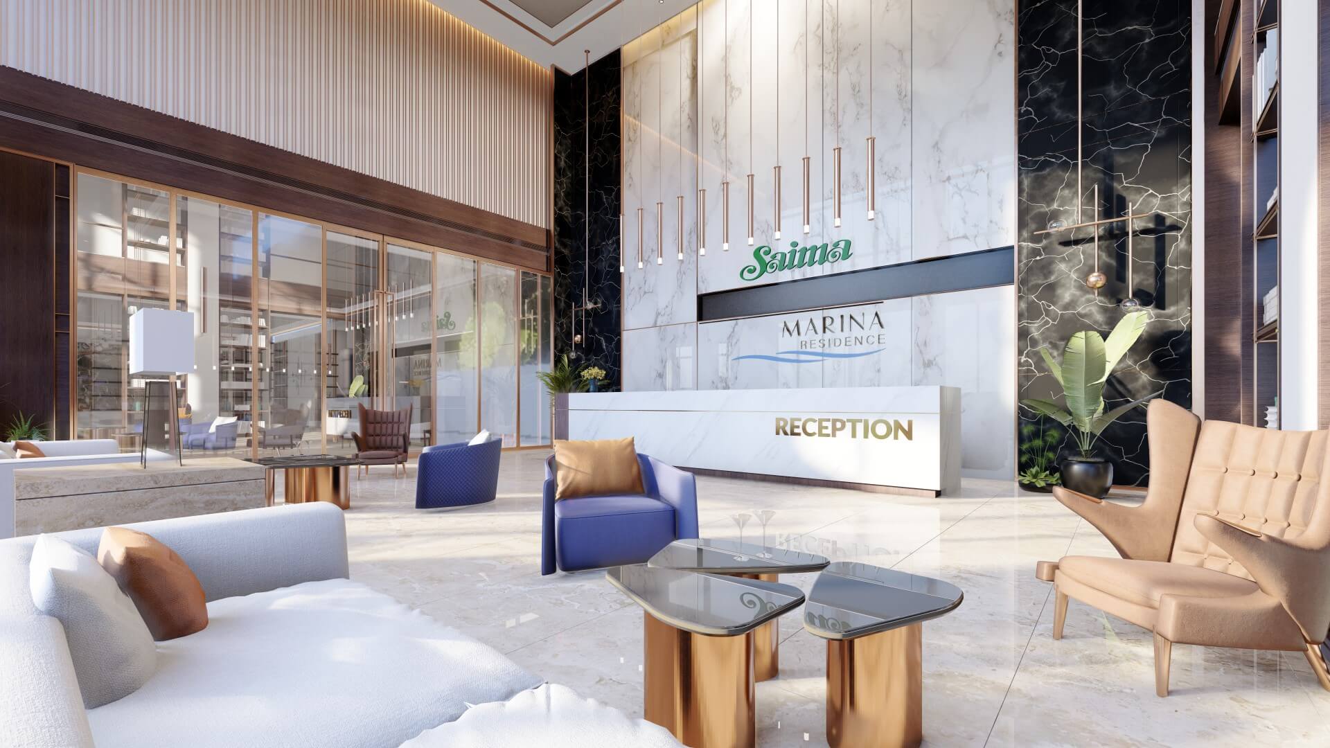 Elegant double-height lobby of Saima Marina Residence, DHA Phase 8, Karachi